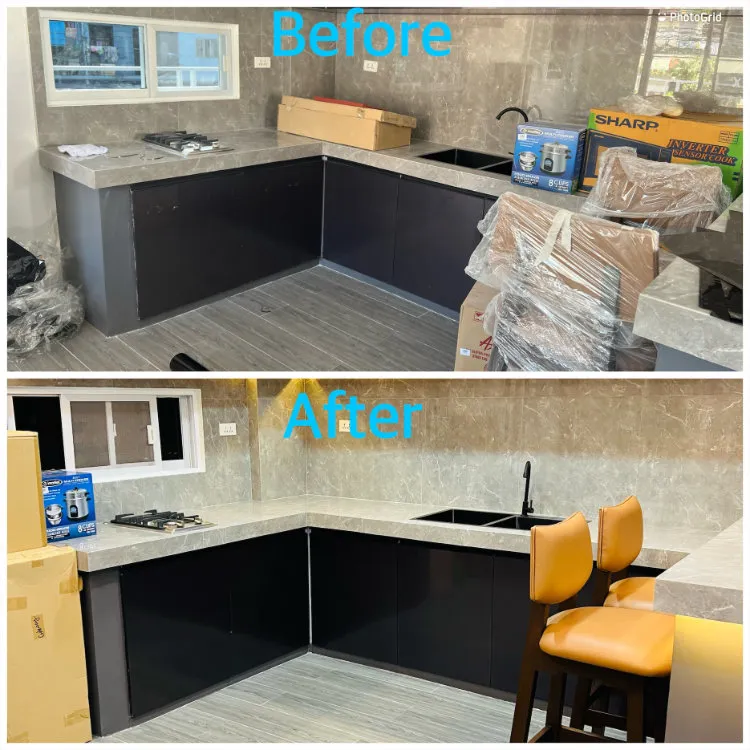 Detailed cleaning of kitchen countertops and appliances during deep clean